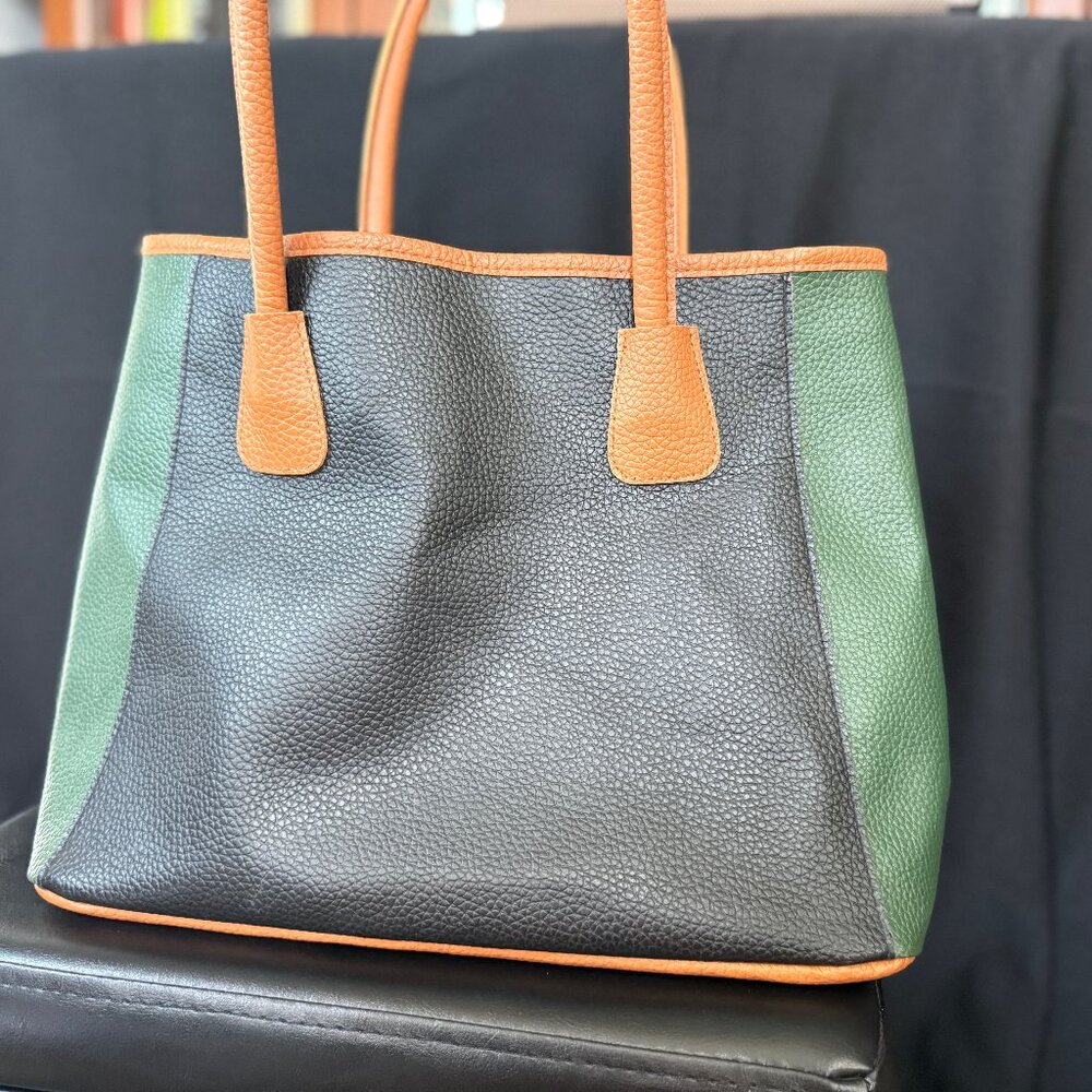 Neiman Marcus Pebbled Leather Colorblock Tote; Green and Black